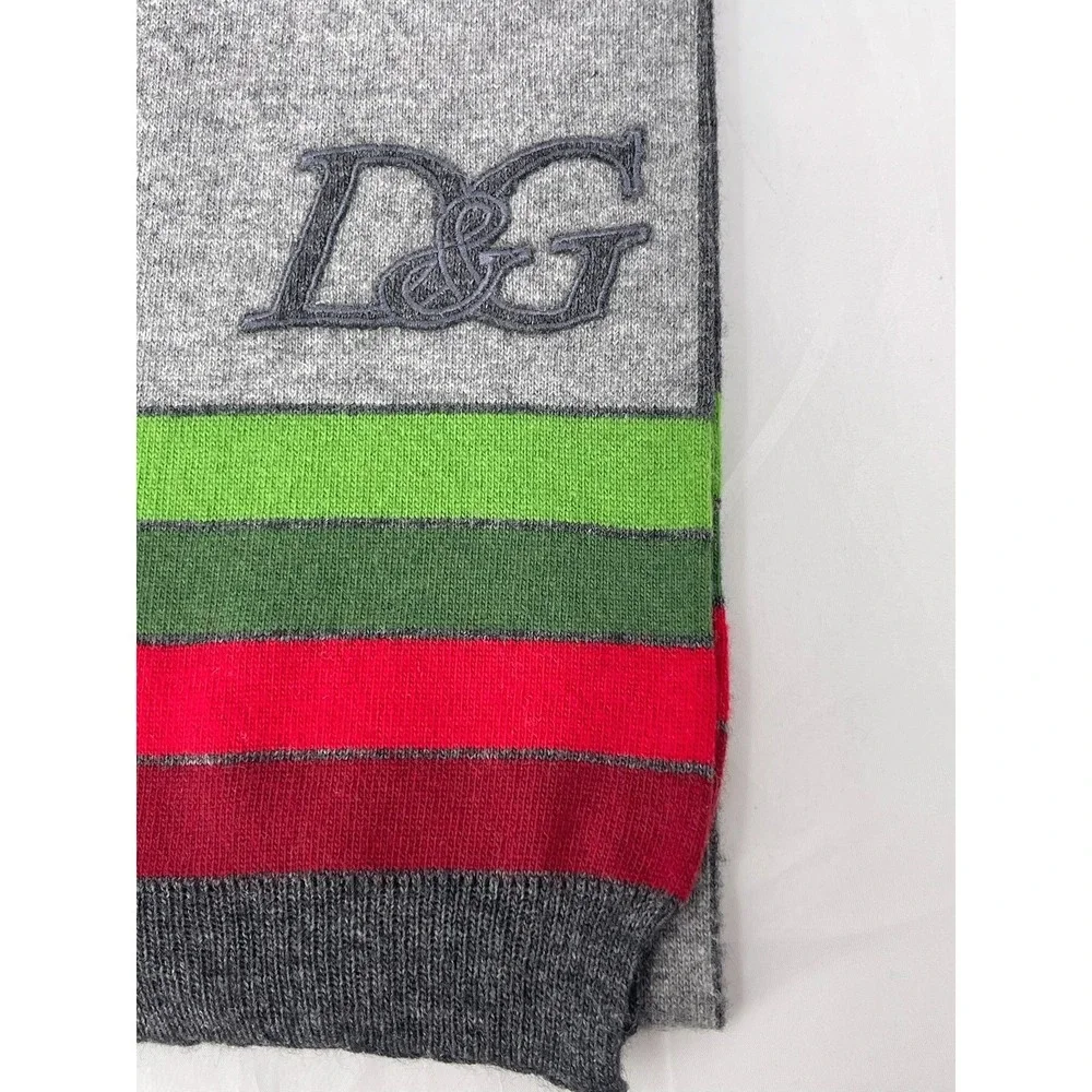 D&G Dolce & Gabbana Scarf Gray Green Red Striped Logo Knit Unisex 48